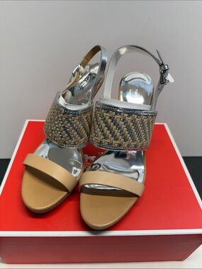 Woven Leather & Metallic Slingback Heel Sandals in Tan and Silver